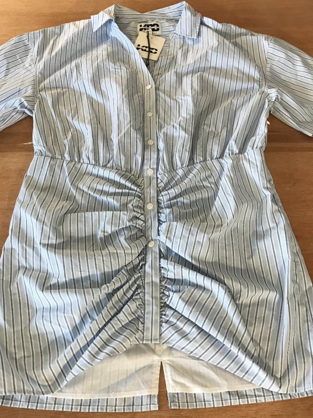 KBB by Kahlana Ruched Shirt Dress Women L Blue Striped Button Up Short Sleeve